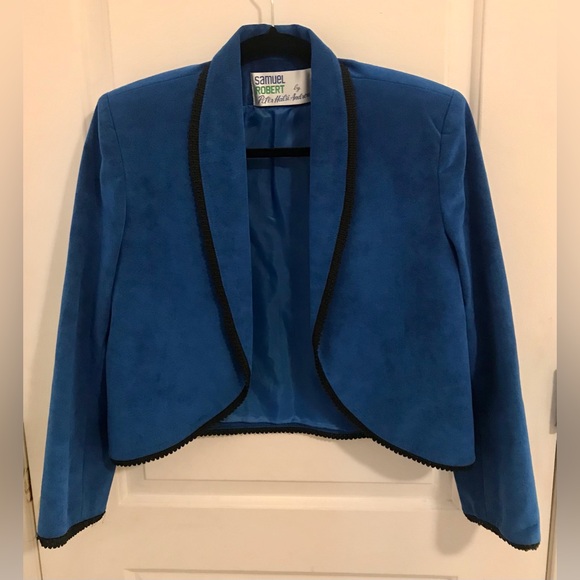 Samuel Robert By Peter Hatsi Androu Blue Suede Black Edging Blazer Size 6 - Picture 6 of 9